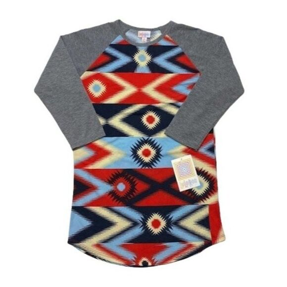 LuLaRoe Randy Gray Red Blue Aztec Southwestern Raglan Sleeve Sz XS NEW - Picture 2 of 7